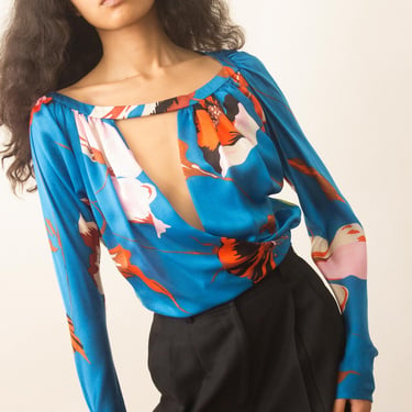 1980s Gianni Versace Couture Silk Charmeuse Floral Wrap Top 