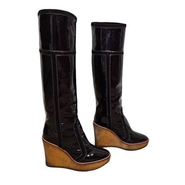 YSL Yves St Laurent 2008 Brown Knee High Wedge Heel Boots I Sz 7.5 I Sz 38 