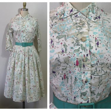 1950s Dress Vintage 50s Novelty Print NY Central Park Zoo Rockabilly PinUp Bombshell Sun Dress  // Modern Size xs 0 2 // Pinup Girl 