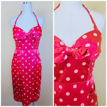 Y2K Vintage Betsey Johnson Silky Pink Bustier Dress / Satin Polka Dot Bombshell Smocked Back Wiggle Dress / Medium 