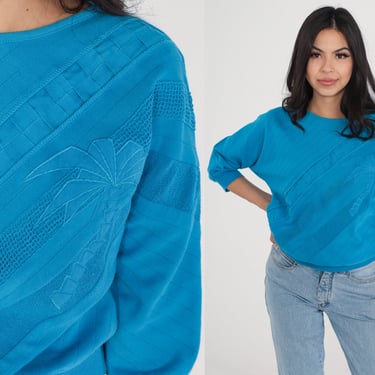 Blue Sweatshirt Top 80s Palm Tree Shirt Textured Woven Mesh Overlay Sweater Retro Pullover Slouchy Streetwear Athleisure 1980s Vintage Small 