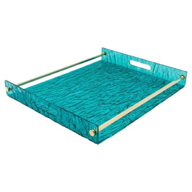 Willy Rizzo Style Ice Effect Turquoise Lucite and Brass Barware Serving Tray