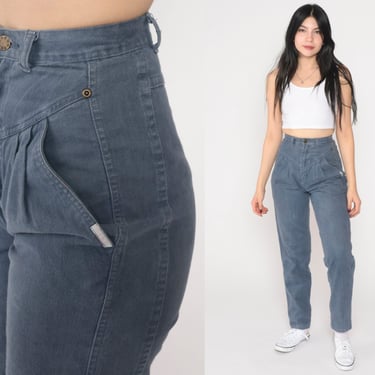 90s Pleated Pants Grey Blue Trousers High Waisted Rise Saddleback Straight Tapered Leg Basic Preppy Western Mom Vintage 1990s Extra Small xs 