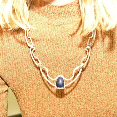 Vintage Signed TAXCO Modernist Sterling Silver Sodalite Chevron Pendant Necklace, Geometric Silver Cutout Links, RJC TR-26 Mexico, 22