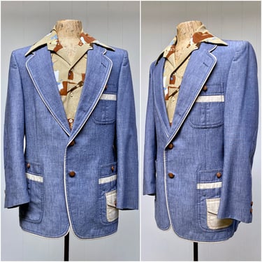 Vintage 1970s Blue Chambray Sport Coat, Wide Lapel Casual Blazer, Mid-Century Hipster Jacket, 42 Long 