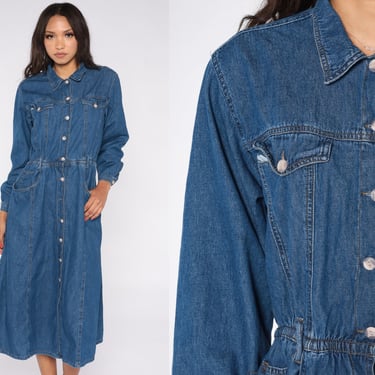 90s Denim Dress Dark Blue Jean Shirtdress Button Up High Waisted Collared 1990s Midi Vintage Retro Long Sleeve Pocket Bill Blass Medium 10 