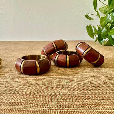 Vintage Round Wood and Brass Napkins Rings - Set of 4 