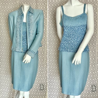 St. John Collection 3-Pc Skirt Jacket Tank, Animal Print Blue Metallic, Vintage 90s 00s 