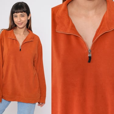 Burnt Orange Fleece Shirt y2k Quarter Zip Shirt Retro Collared Top Basic Plain Retro Solid Long Sleeve Vintage 00s Men's Extra Large xl 