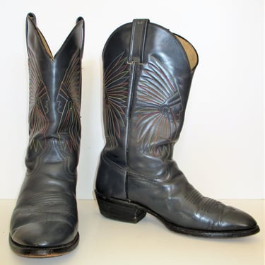 Cowboy Boots Men, Vintage Caborca, size 9 1/2 Men, Gray Leather Boots, multicolor Indian head stitching 