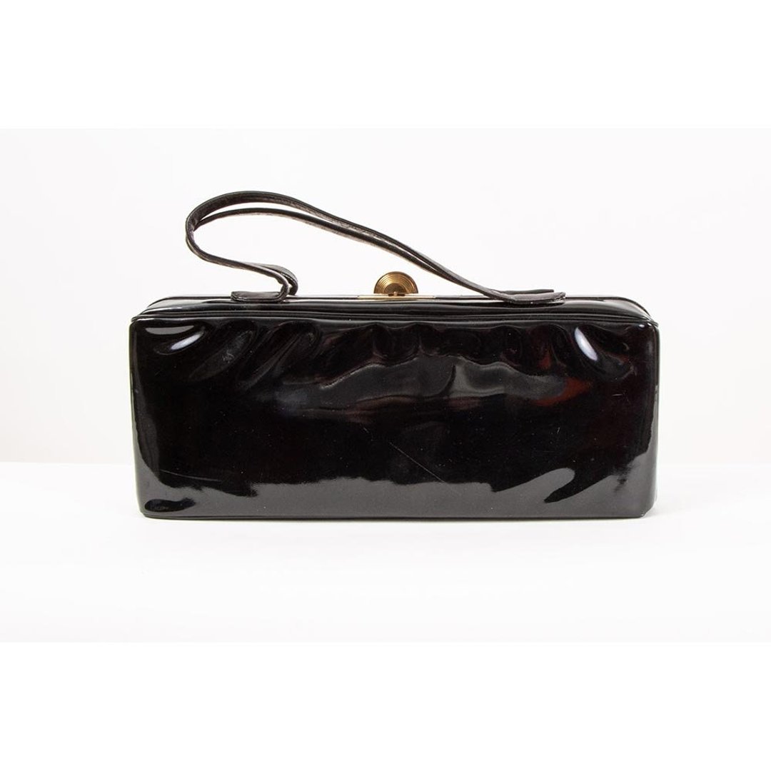 Vintage 1950s black patent leather top handle wide rectangular handbag ...