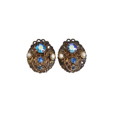 1950s Brass Filagree & Blue Aurora Borealis Earrings - 1950s Blue Cocktail Earrings - 1950s Clip On Earrings - Vintage AB Earrings 