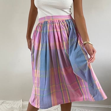 80s cotton madras skirt / vintage pink woven madras soft cotton plaid midi skirt | Small Medium 