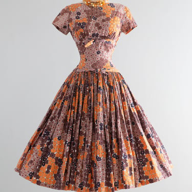 Glorious 1950's Autumn Floral Print Cotton Dress By Pat Hartley / Medium