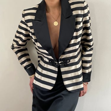 90s satin suit / vintage black striped silky satin peaked lapel tuxedo blazer pencil skirt suit | Medium 