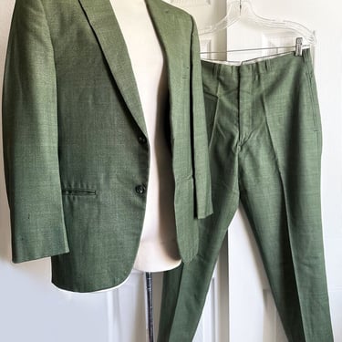 40" Chest, 1960s Green Mens SUIT Blazer Jacket & Pants VINTAGE Set 1950's Mod Rat Pack, Mid Century, Small, 60's, Wool Harris Frank 