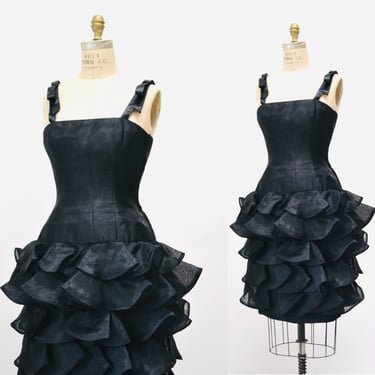 Vintage 80s Prom Dress Black Ruffle Dress By Victor Costa// 80s Party Dress Size XXS XS Ruffle Pageant Party Dress 