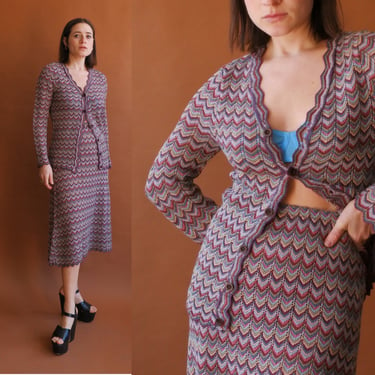Vintage 70s Zig Zag Knit Two Piece Set/1970s Missoni Style Colorful Cardigan and Skirt/ Size Small Medium 