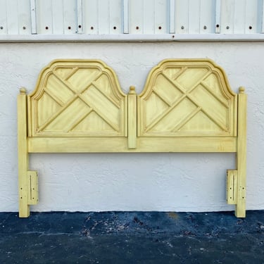 Vintage Queen Headboard with Fretwork Design & Ball Finials - Yellow Wash Coastal Hollywood Regency Bedroom Furniture 