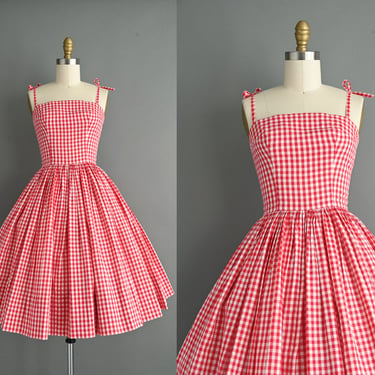 vintage 1950s Red Gingham Cotton Dress I XS 