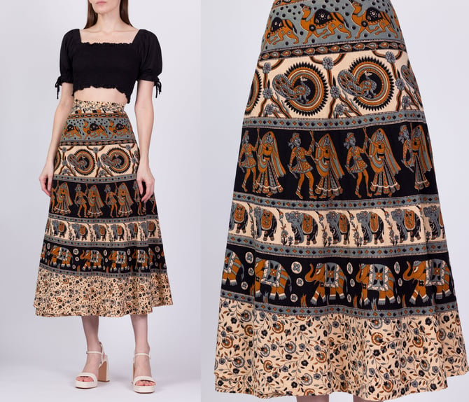 Vintage Indian Block Print Midi Wrap Skirt - Medium to Large | 70s Boho Batik Cotton A Line Hippie Skirt 