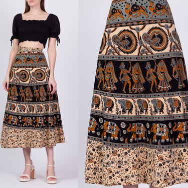 Vintage Indian Block Print Midi Wrap Skirt - Medium to Large | 70s Boho Batik Cotton A Line Hippie Skirt 