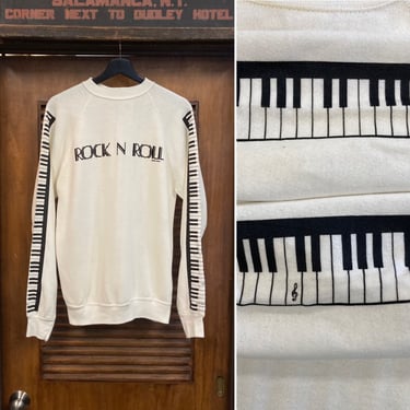 Vintage 1980’s Dated 1982 Rock n’ Roll Flocked Detail Piano Key Sweatshirt, 80’s Vintage Clothing 