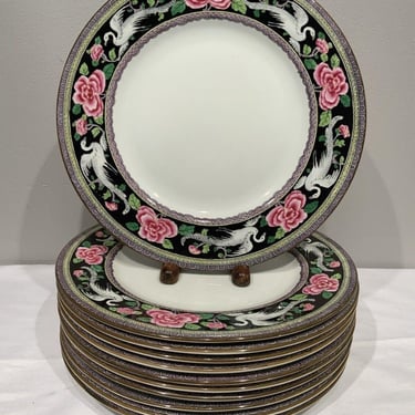 11 Antique Crown Staffordshire Dinner Plates White Peacock & pink Roses On Black, floral plates, fun dinnerware plates, bone china plate set 