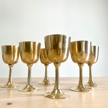 Vintage Solid Brass Wine Goblets, Set of 6 