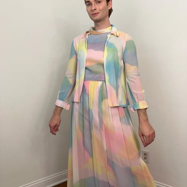 70s Rona multi colored chiffon pastel rainbow dress with matching jacket 