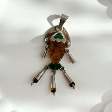 Taxco TS-135 Aztec Mask Mexican Made Malachite Sterling Silver Golden Honey Vintage Dangle Pendant 
