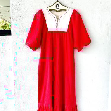 Vintage 1970s Hawaiian Dress Muumuu Prairie Polka Dotted Red Embroidered Floral Hawaii Muu Caftan 