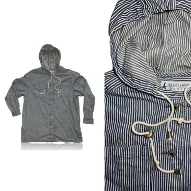 90s Denim Pin Striped Blue White Pullover Jacket  // Marsh Landing // Size Large 