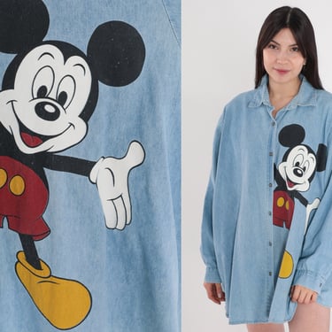 90s Disney Shirt -- Mickey Mouse Denim Shirt Mickey Unlimited Top Button Up Long sleeve 1990s Vintage Blouse Oversized Extra Large xl 