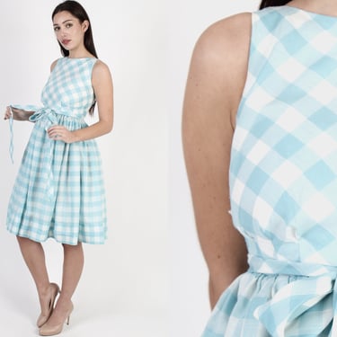 Simple Baby Blue Gingham Print Full Skirt Holiday Party Mini dress 