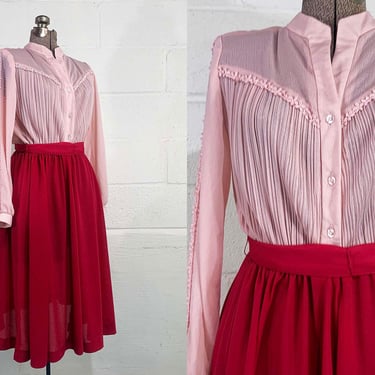 Vintage Pink Dress Romantic Wedding Maroon Burgundy Discovery Fashion Ltd. Sheer Fit Flare Long Sleeve Belted Circle Dress 1980s 1970s Large 