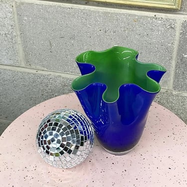 Vintage Vase Retro 1990s Contemporary + Wavy + Ribbon Design + Glass + Blue and Green + Handblown + Murano Style + Home and Table Decor 