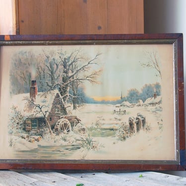 Vintage framed Winter scene / country cottage Winter snow scene landscape / Winter village / vintage wall decor / rustic country scene print 