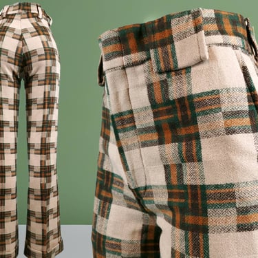 Cuffed wool plaid pants from the 70s. DEADSTOCK. Earthy tones op art plaid design. Mod vintage fall fashion. (32 x 34) 