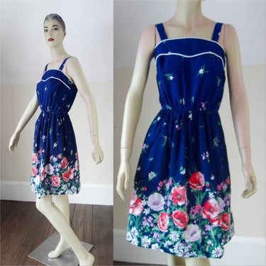 70s sundress size small, prairie navy blue floral lightweight sleeveless vintage cotton summer dress with adjuustable straps 
