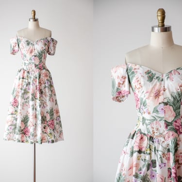 cottagecore dress | 80s 90s vintage white pink green floral sweetheart off shoulder sleeveless fit and flare cotton dress 