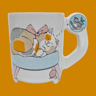 Vintage Cat Mug Retro 1980s Contemporary + Cat Dreaming of a Bird + White Porcelain + Coffee of Tea + Kitchen + Drinking + Made in Japan 