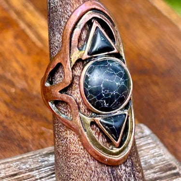 Vintage Mixed Metal Copper Brass Ring Black Stone Retro Jewelry Size 6 Boho 