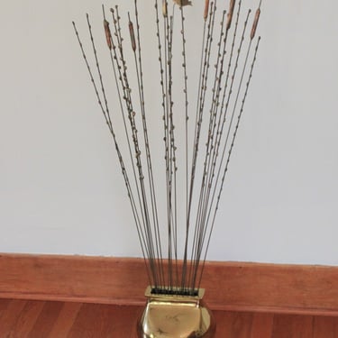 Modernist Copper and Brass Cattails Willow Branch Butterfly Sculpture MCM 