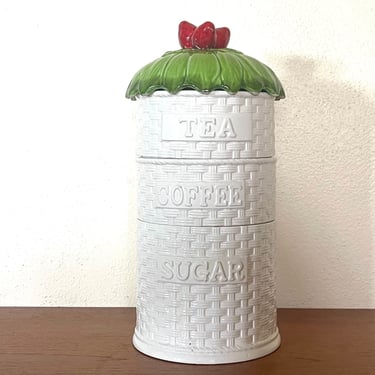 Vintage 1980s Ceramic Basketweave Stacked Canister Set with Strawberry Lid 