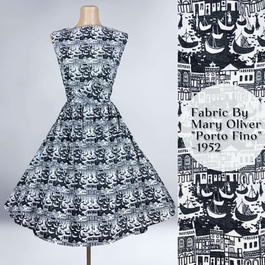 VINTAGE 50s Novelty Print Day Dress 37B/29W Mary Oliver Fabric 