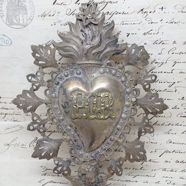Antique 1800's Large 5 1/2 Inch Repousse Silver Flaming Heart Ex Voto with GR for Grace Received Miracle, Vintage Religious Milagro Angel 