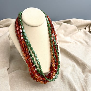 Multi-strand vintage necklace - tortoise, amber and jade plastic beads - 1980s vintage 