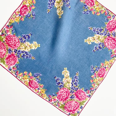 Vintage Pink and Blue Floral Handkerchief - 14x14" Collectible Fall Hanky with Mums, Hollyhock, and rolled hem. Lady's Retro Purse Accessory 