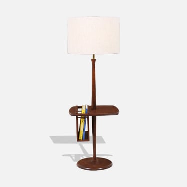 Mid-Century Modern Sculpted Walnut Floor Lamp with Magazine Tray by Laurel